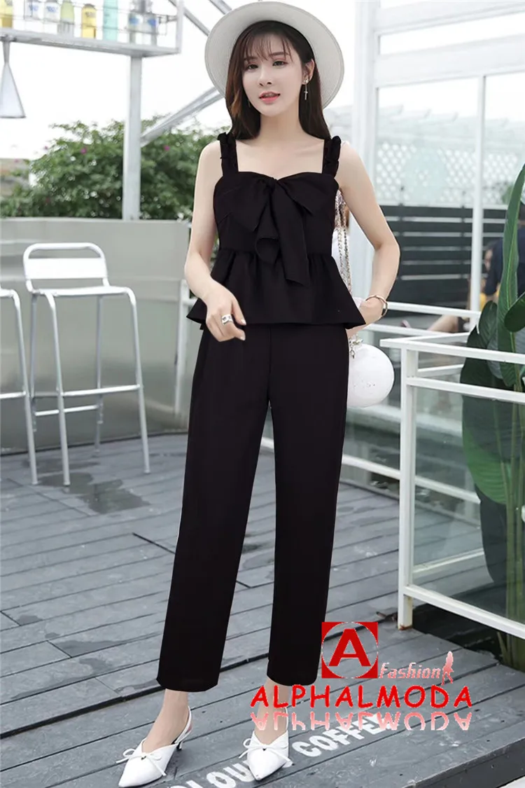 ALPHALMODA, летняя блузка на бретелях с бантом+ прямые штаны, женские повседневные комплекты из 2 предметов, однотонный эластичный Топ без рукавов+ брюки, комплекты