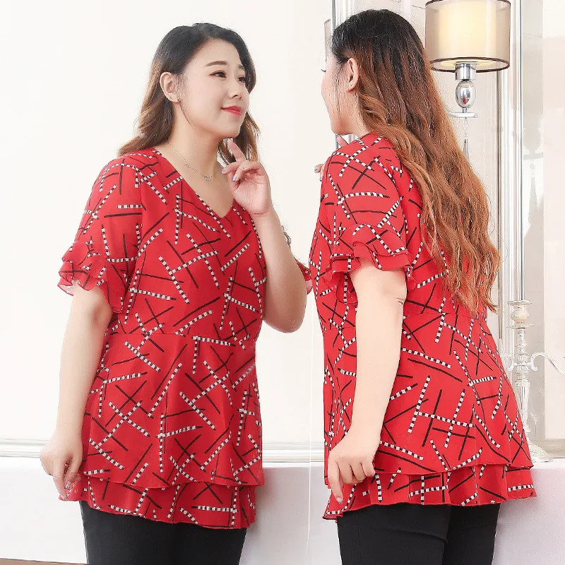 Plus Size 10XL 9XL 8XL Womens Flare Sleeve Summer Shirts V Neck Striped Print Chiffon OL Slim Work Wear Tuniques Femmes |