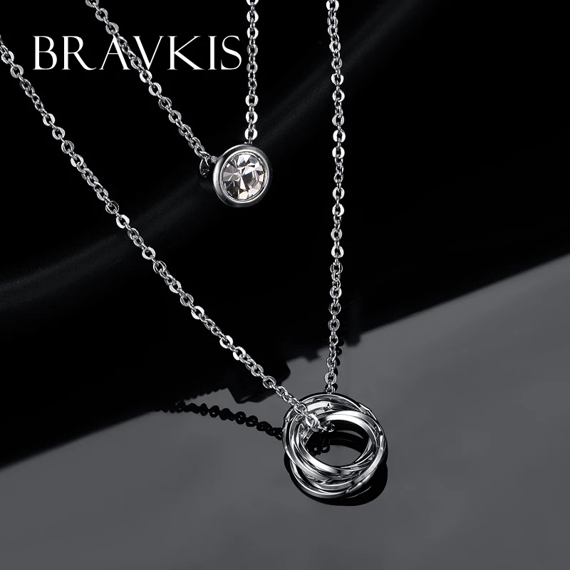 BRAVEKISS Double Layer Necklace Alloy Crystal Rhinestone Charm Necklaces Round Pendants Choker for Women mujer jewelry BUN0119B | Украшения