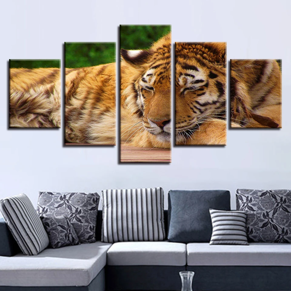 

Print HD Pictures Decor Living Room Wall Frame 5 Pieces Animal Gentle Tiger Sleeping Poster Modular Art Canvas Paintings Artwork