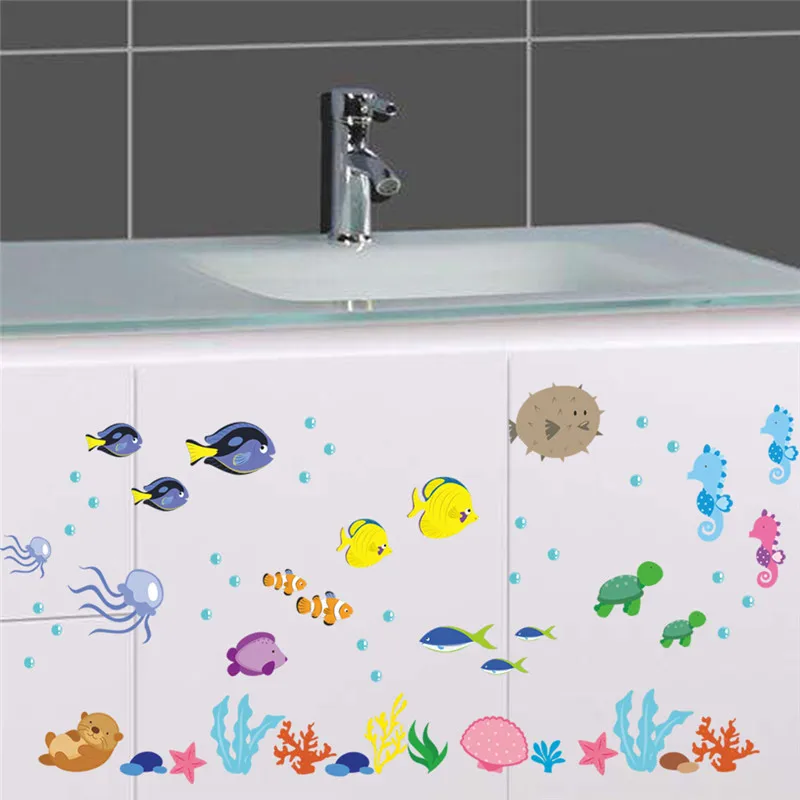 Настенные наклейки с подводным небом и морскими рыбами на стену для ванной