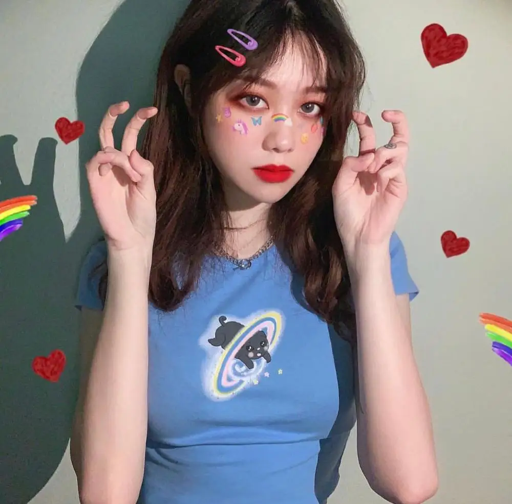 Милые kawaii Мультфильм космический кошмар кошка детские синие укороченные футболки женские короткие укороченные