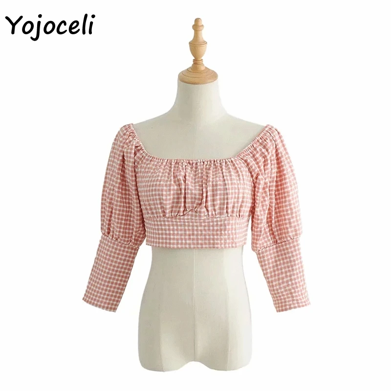 Рубашка Yojoceli в клетку с квадратным вырезом винтажные Короткие топы уличная