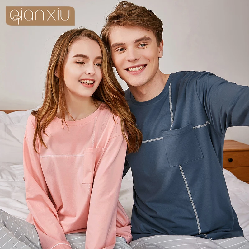

New Style Couples Pajamas Spring Autumn Round Neck Pockets Drawstring Long Sleeve Striped Pajamas Striped Pants Couples Suit