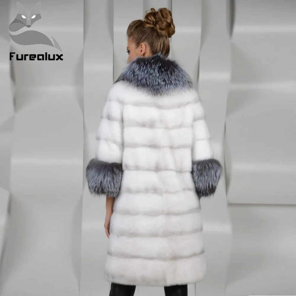 Женская Шуба из меха норки Furealux длинная теплая шуба с большим лисьим воротником и