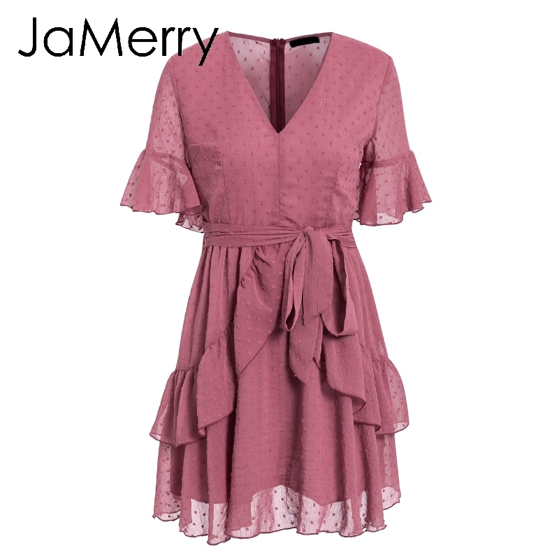 Женское винтажное платье в горошек JaMerry розовый короткий сарафан с оборками