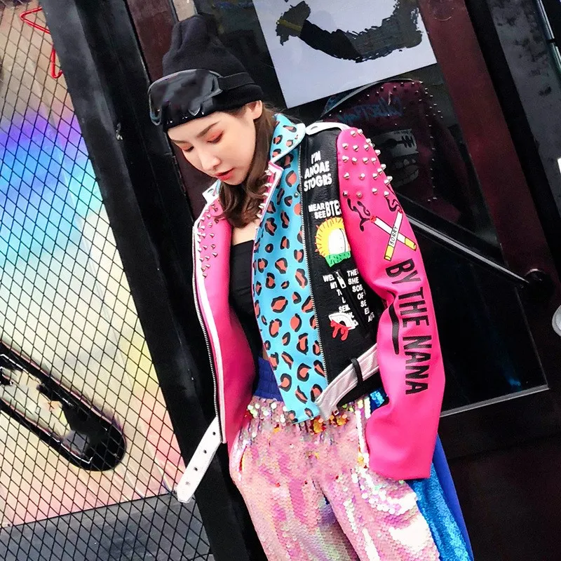 Женская розовая леопардовая куртка из искусственной кожи 2019 весенняя с