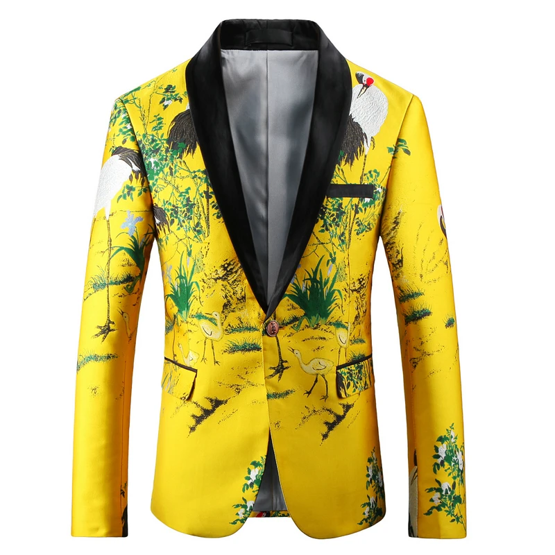 

Пиджак мужской с цветочным принтом, роскошный приталенный Блейзер, одежда для сцены, стильная куртка для вечерние ринки и свадьбы, желтый пи...