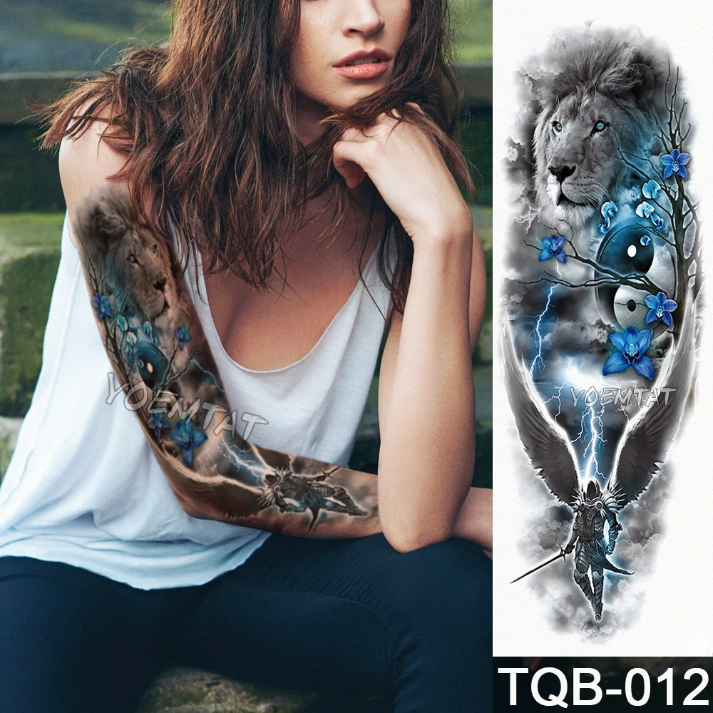 

NEW 48*17cm Full Flower Arm Tattoo Sticker Lion Yin Yang Samurai Temporary Body paint Water Transfer fake Tatoo sleeve