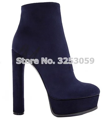 dark blue ALMUDENA/высококачественные ботильоны на массивном каблуке; цвет коричневый, черный, бордовый; замшевые короткие ботиночки на молнии; обувь на высоком каблуке в байкерском стиле - Цвет: dark blue