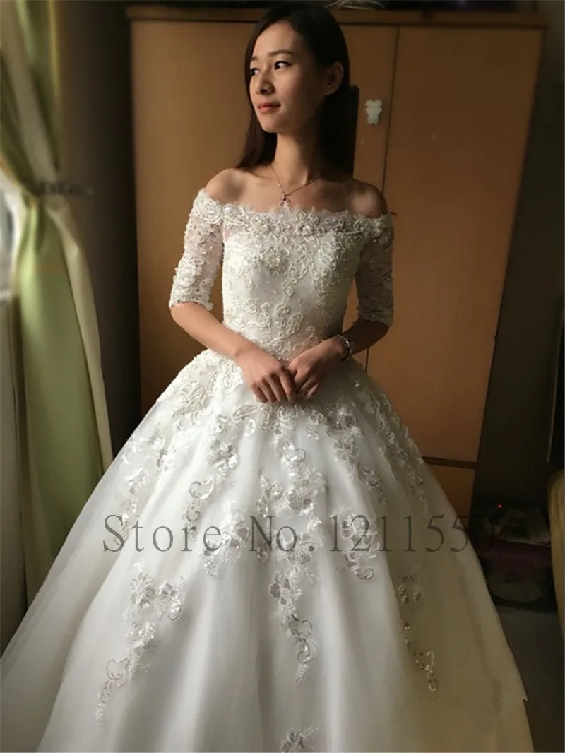 Elegant A Line Lace Wedding Dresses 2019 Custom Made Half Sleeves Sequins Vintage Bridal Vestido De Noiva IZ395 | Свадьбы и