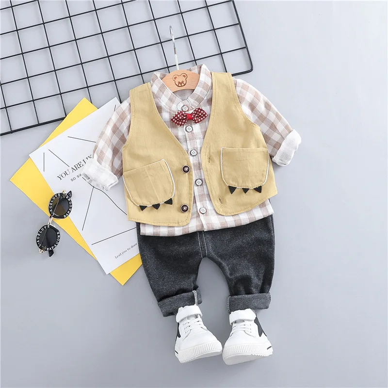 WENWENDEXINGFU Spring Todder Children Clothing Sets Baby Boys Clothes Suits Vest Plaid Shirt Pants Infant Kids Casual Costume |
