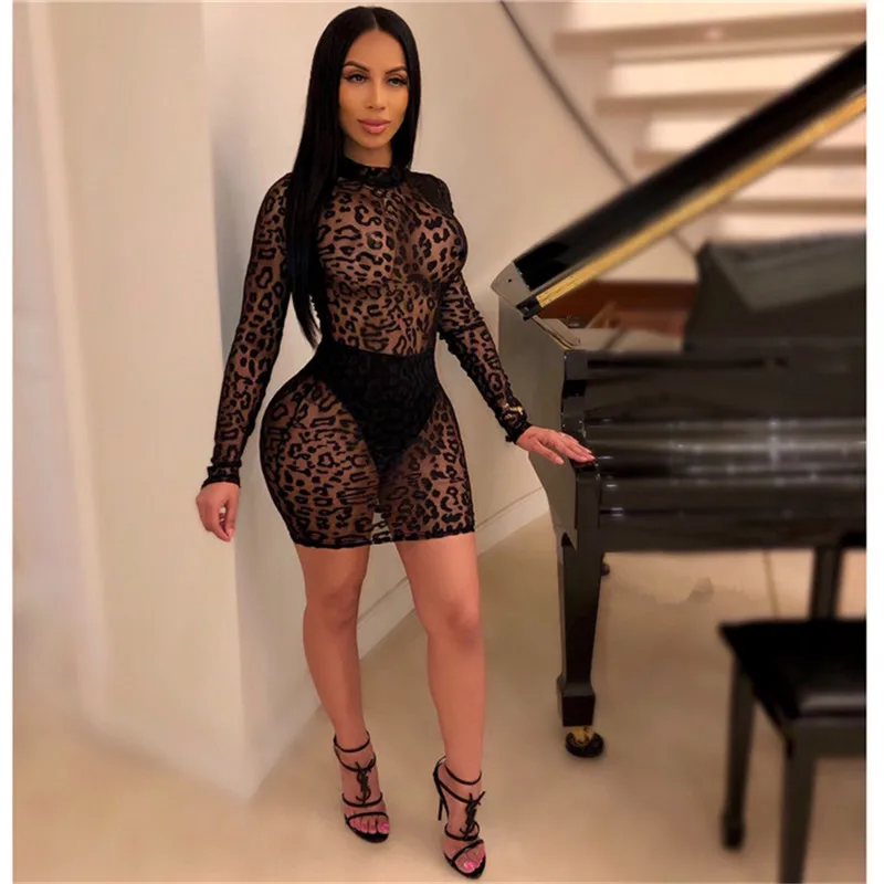 Women Summer Sexy Mini Party Dress Long Sleeve Leopard Print Bodycon Bandage Sheer Mesh Black Club Lace Vestidos | Женская одежда