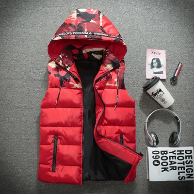 Red UNIVOS KUNI, новинка, мужской жилет, женский, теплый, для пары, брендовая мужская жилетка с капюшоном, камуфляж, без рукавов, Осень-зима, большой размер 4XL, Q6030 - Color: Red