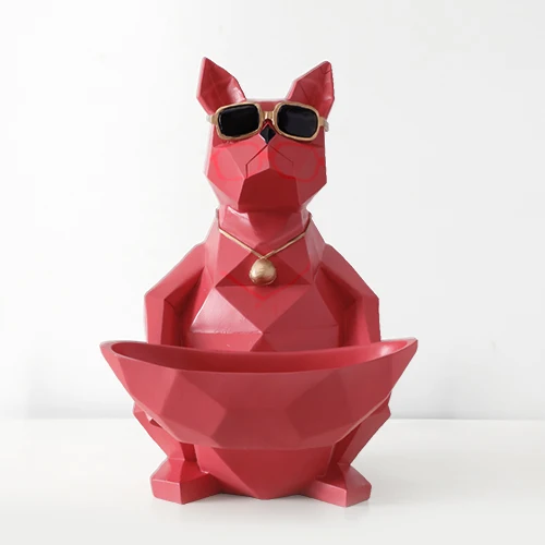 Фигурки кошек, собак, фигурки из смолы, фигурки животных, миниатюрные милые украшения для дома, офиса, украшение, чаша для хранения, резная коллекционная - Цвет: Red dog bowl-L
