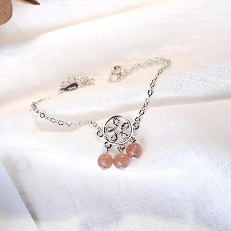 Natural Strawberry Fashion Exquisite 925 Sterling Silver Jewelry Female Pink Crystal Hollow Net Beautiful Bracelets SB108 | Украшения и