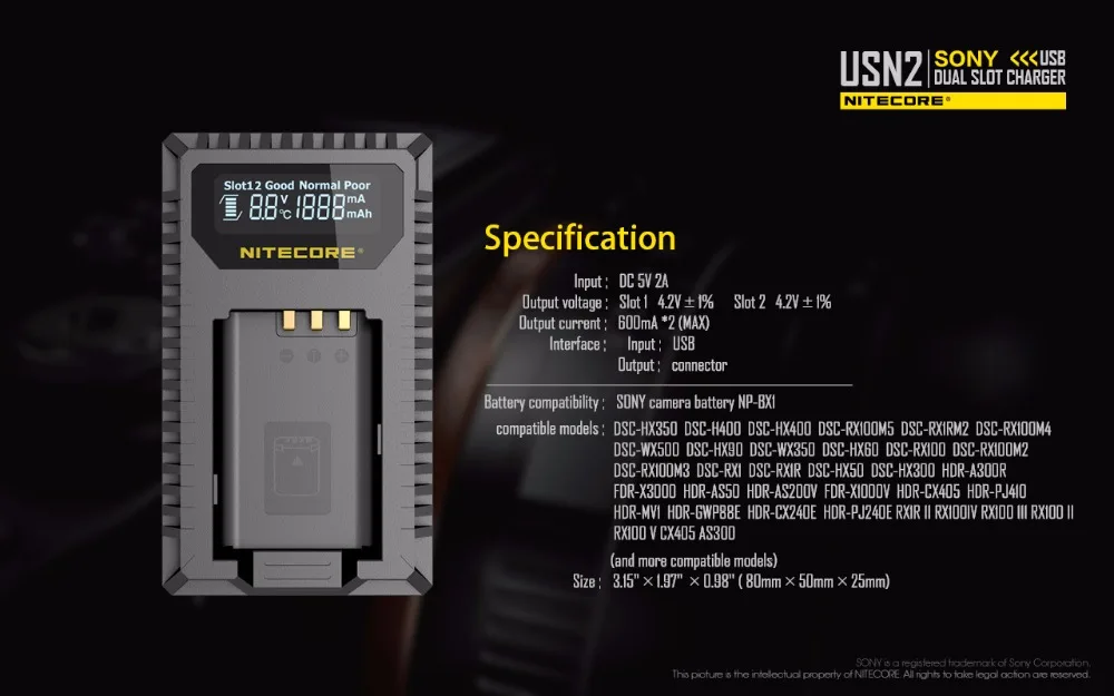 NITECORE USN2 зарядное устройство для камеры sony NP-BX1 батареи; совместимый с DSC-HX350, DSC-H400, DSC-HX400 DSC-RX100M5, DSC-RX1RM2