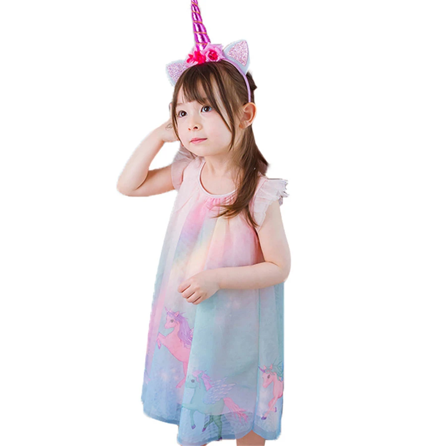 Летнее платье для девочек с единорогом элегантное принцессы без рукавов