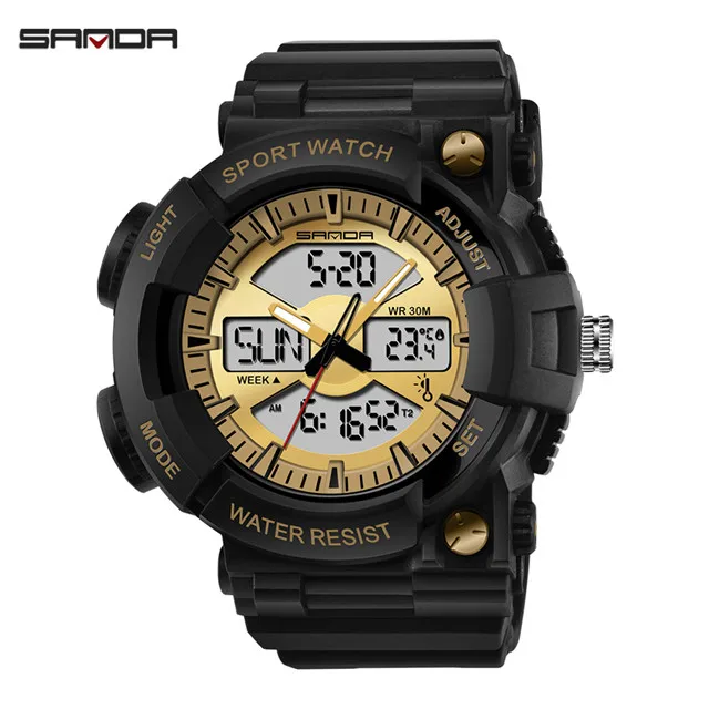Black Gold Новые SANDA спортивные цифровые часы мужские модные водонепроницаемый термометр военные часы мужские светодиодный водонепроницаемые спортивные часы - Цвет: Black Gold
