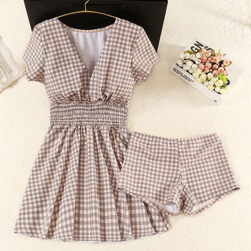 2019 New Sexy Plaid One Piece Swimsuit Deep V style Swimwear Women Dress Beachwear Bathing Suits Skirt | Спорт и развлечения