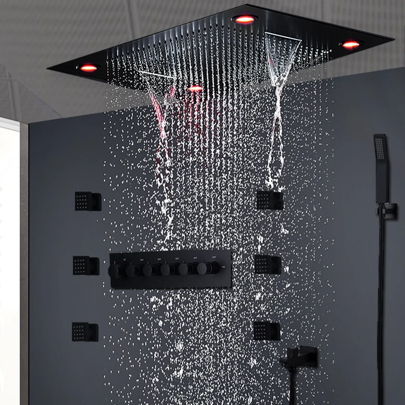 

2022 Thermostatic Bathroom LED Rainfall Shower Set Ceiling Waterfall Massage Body Jets 2 inch 5 Functions Bath Mixing Valve