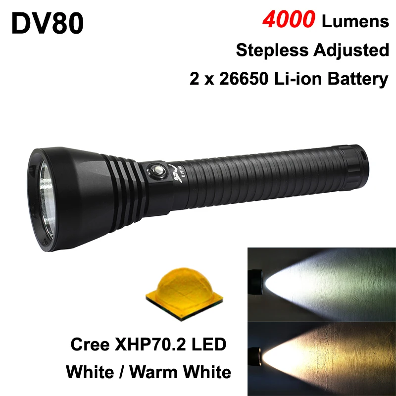 DV80 Cree XHP70.2 4000 Lumens Stepless Adjusted Diving LED Flashlight ( 2x26650 )