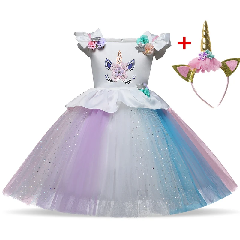 Пышное Платье для девочек праздничные Детские платья с единорогом костюмы