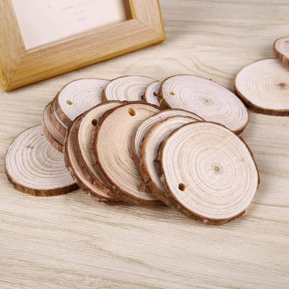 5 шт. ломтиков натурального дерева круглые круги необработанные с отверстиями