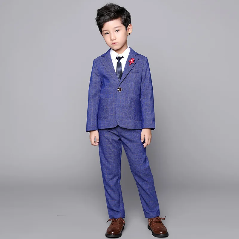 Fashion Boys Formal Plaid Wedding Suit New Kids England Style Blazer Pants 2pcs Set Children Birthday Performance Costume |