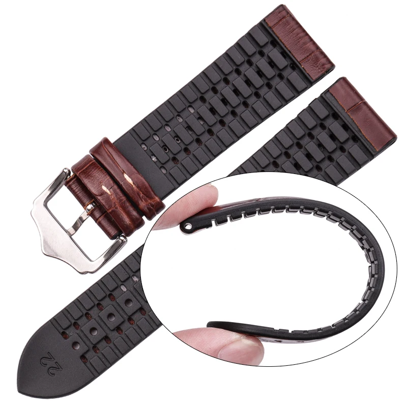 Genuine Leather Watchband Men Women Rubber Silicone Waterproof Breathable Watch Band Strap Buckle Clock Accessories 18 20 22mm