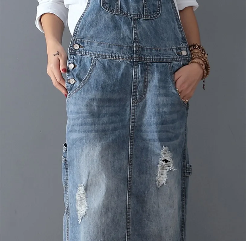 

Free Shipping New Fashion Loose Denim Dresses With Holes Jeans Suspenders One Piece All-match Long Maxi Autumn Ladies Dress