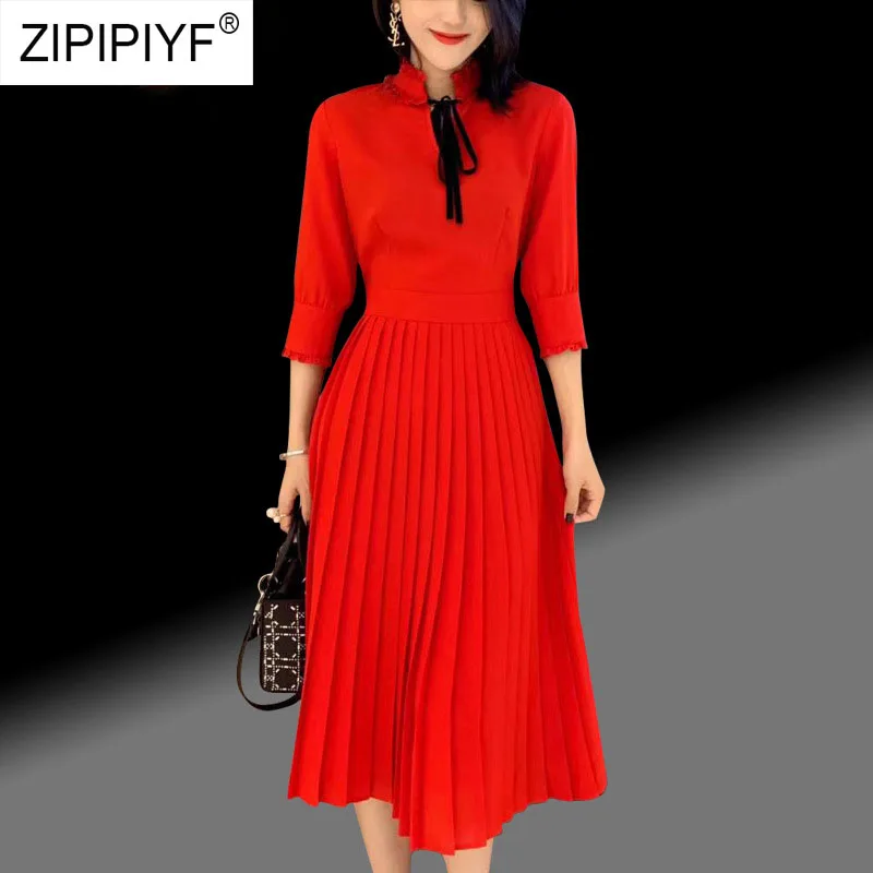 

2019 New Dress Women Fashion Knee-Length Lady Solid Color Dress Casual Female A-Line Bodycon Elegant Party Red Dresses K566