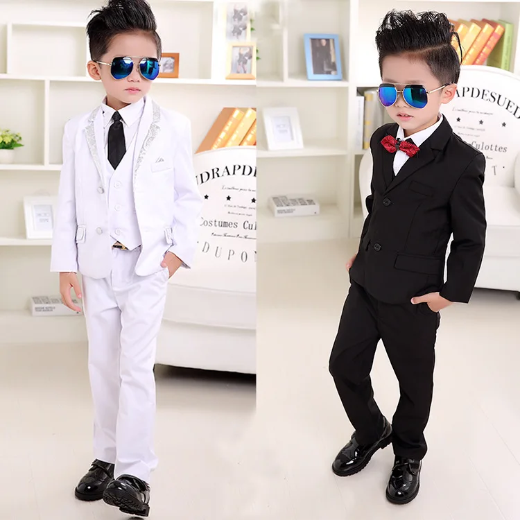 

Boy Wedding Suit Flower Boy Black White Gray Blazers Coat+Pants+Vest+Shirt+ Bow Tie 5pcs/Set Size 2T to 140CM