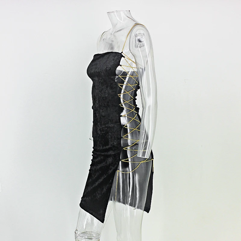 Santune золотой металлической цепью блесток платье Один ремень сбоку Crose кружево