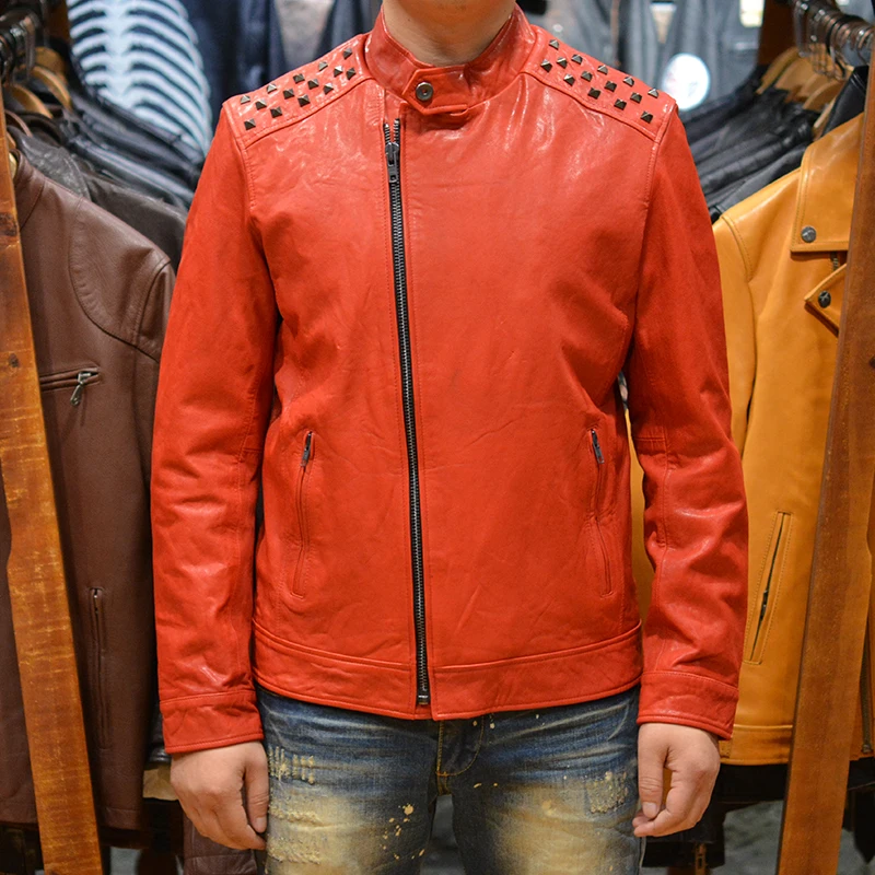 Модное Для мужчин костюмы зауженного кроя из натуральная кожа куртка с