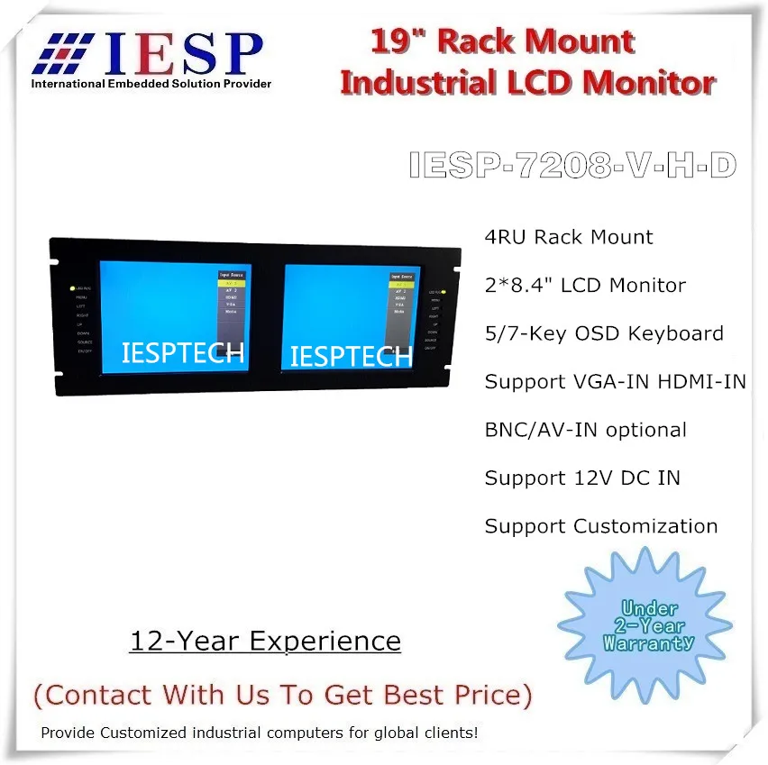 

4U Rack Mount Industrial Monitor, 2 * 8.4-inch TFT LCD, Support Deep Dimmming, HDMI, VGA, DVI Display Input, OEM/ODM