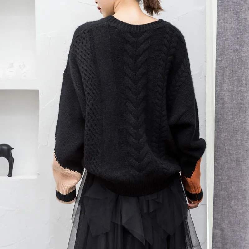 TWOTWINSTYLE Patchwork Knitting Sweater For Women Long Sleeve Hollow Out Hit Colors Pullover Female 2019 Autumn Casual Fashion | Женская