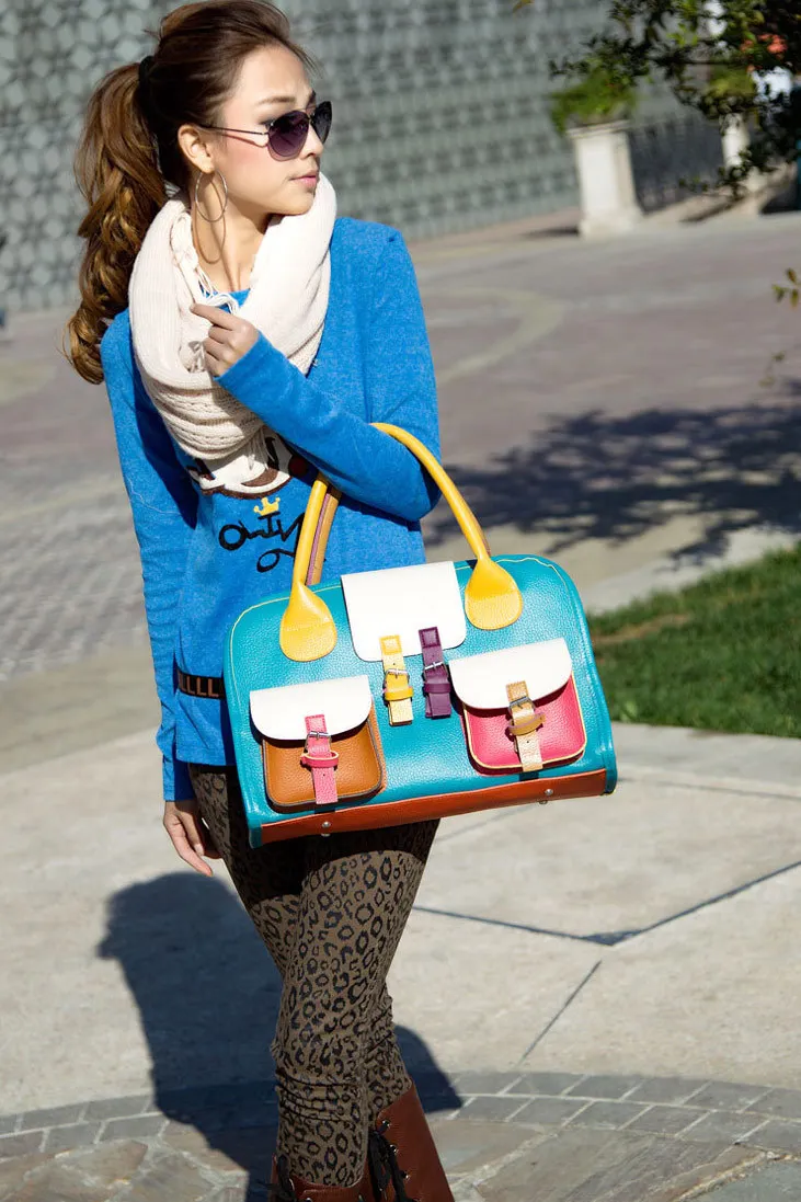 Vintage Hobo Women Handbag PU Leather Contrast Color Tote Satchel Shoulder Bag Blue |