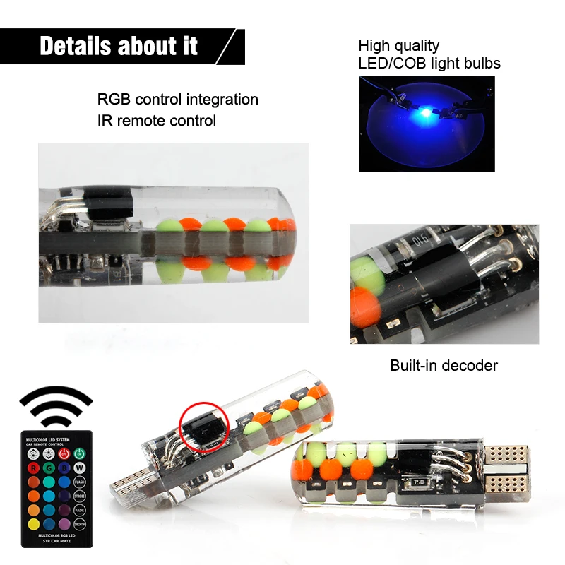 OKEEN 2 шт. светодиодный T10 пульт дистанционного управления W5W 501 RGB изменяющий цвет