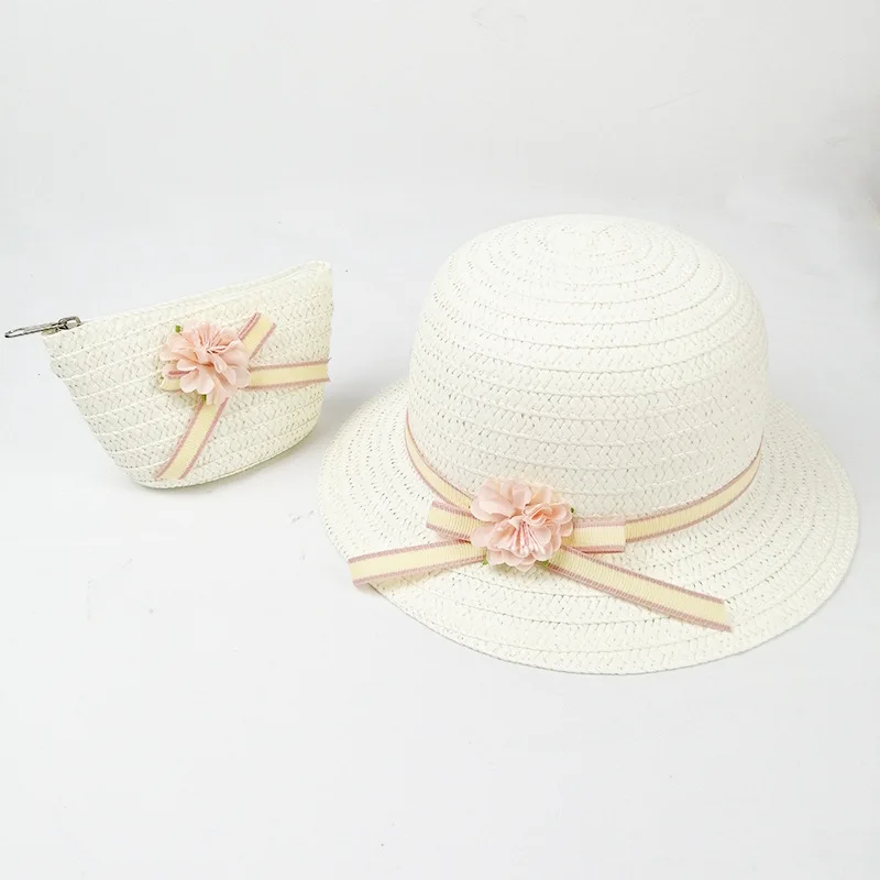 white SUEF/ hot new cute rabbit head children straw hat girl princess hat travel student sunshade beach hat two-piece - Цвет: white