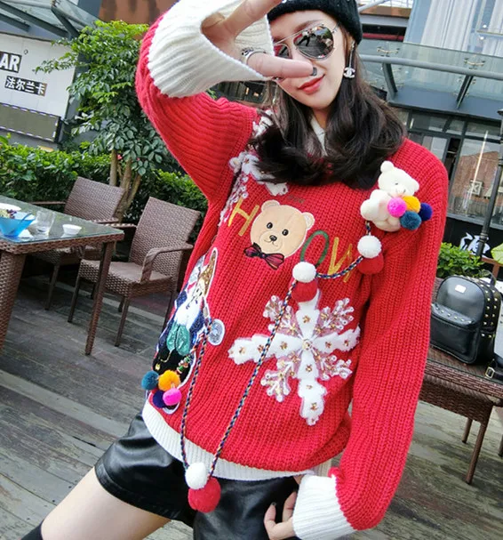Забавные женские рождественские свитера вязаный свитер с медведем снежными