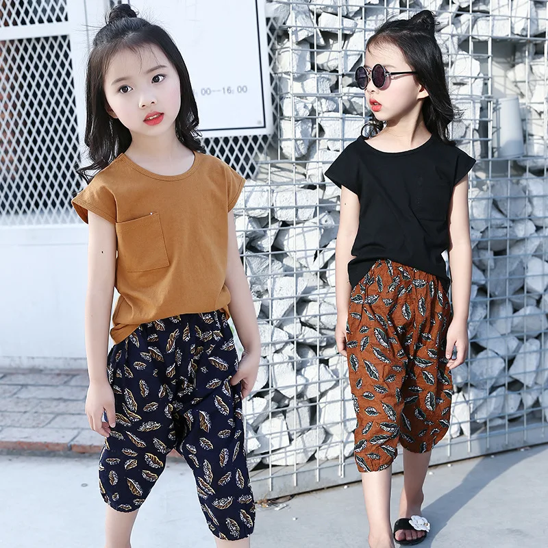 2018 новый комплект одежды для девочек футболка с короткими рукавами штаны принтом