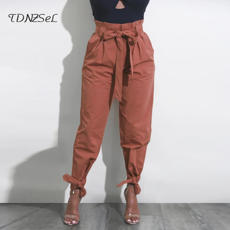 2018 Women Casual Loose High Tie Waist Pencil Pants Sexy Slim Bow Lace Up Long Legging Pant Solid Vintage Bandage Fashion Sashes | Женская