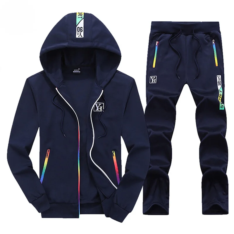 EM082 DarkBlue Модные спортивные костюмы для мужчин; сезон зима-осень; мужской комплект из двух предметов; Повседневная тонкая куртка с капюшоном и брюки; костюм с капюшоном; мужской комплект для бега - Цвет: EM082 DarkBlue