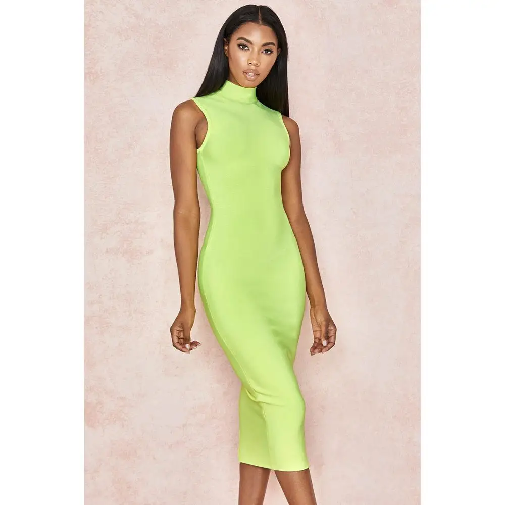 KLEEZY 2019 Celebrity Party Solid Neon Green Women Bandage Dress Vestidos Sleeveless Sexy Elegant Knee Bodycon Club HL8118 | Женская