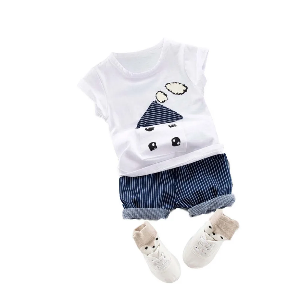Baby Boy Clothes Cartoon Striped Print Tops Denim Shorts Set 2PCS Outfits Sets Summer Cotton Dropshipping | Детская одежда и обувь