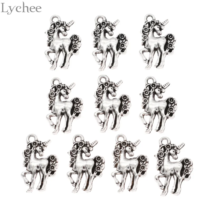 Lychee 10 шт. трендовые подвески из сплава в виде единорога лошади серебряный цвет