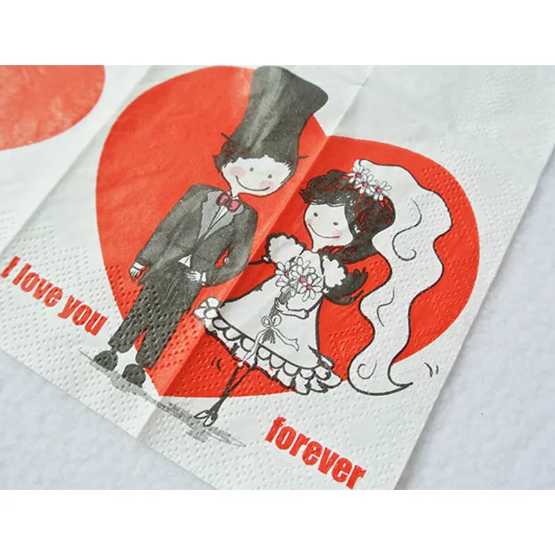 New desgin toilet tissue napkin paper printed red love heart bride groom for ever handkerchief wedding serviette birthday party images - 6