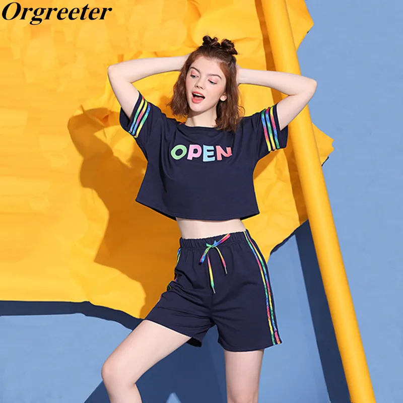 Спортивный костюм женские темно-синие красочные полосатые комплекты Летние