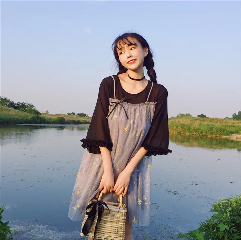 Женские платья Япония каваи Ulzzang шифон сшивание сетка ложные два женское милое